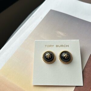 New Tory Burch black and gold rope circle branded stud post earrings women’s